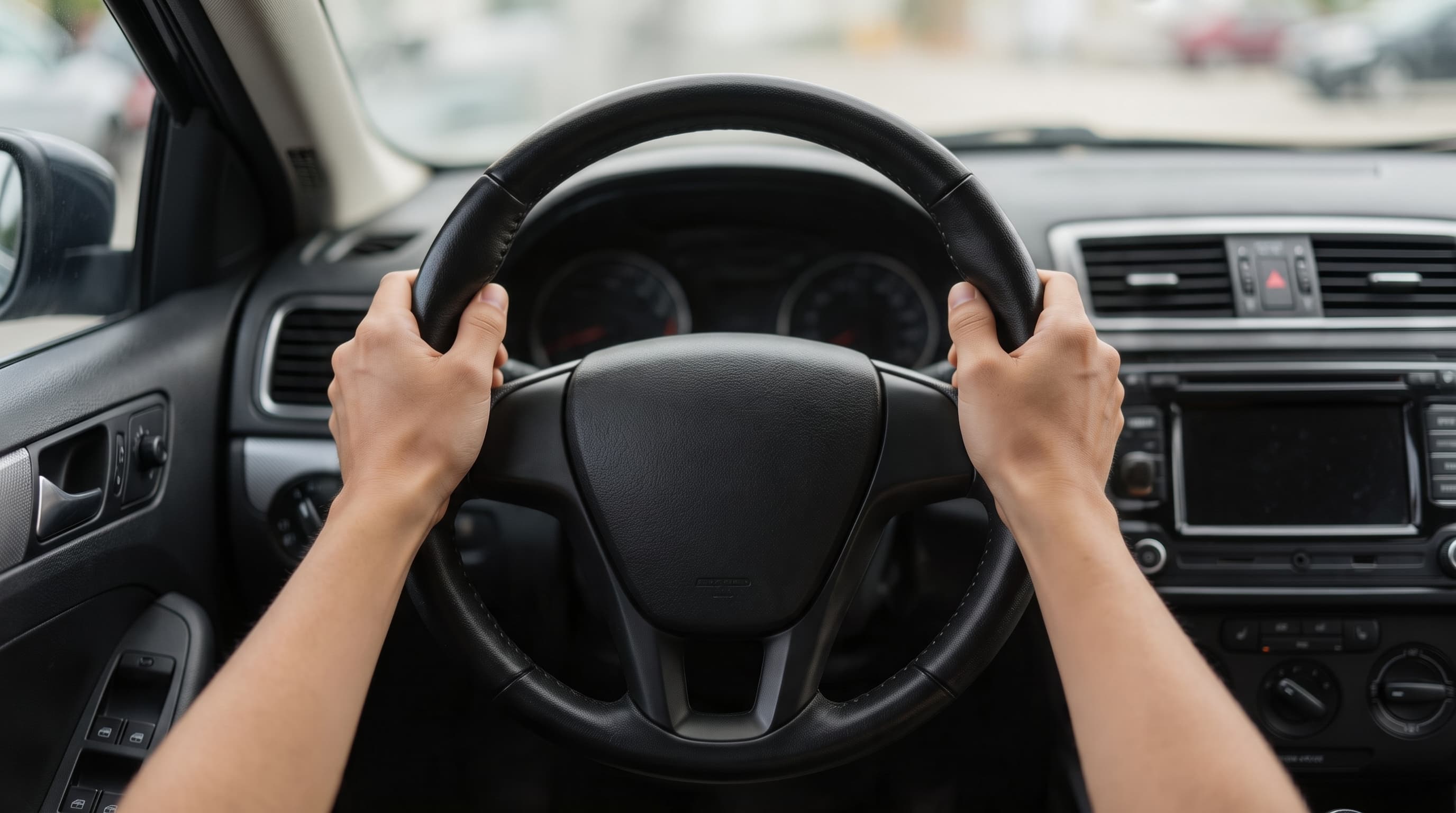 Close-up of a student's hands at the 9 and 3 position on a steering wheel